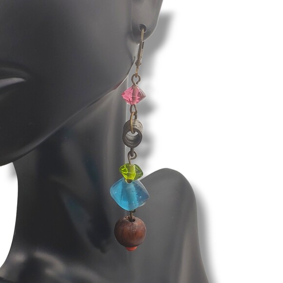 Brass Tone Dangle Drop Long Earrings Mixed Bead Leverback Boho - Picture 1 of 6